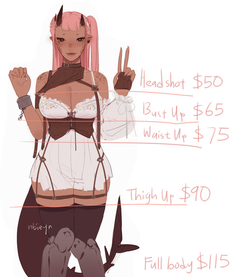 Sketch commission info. Payment method Paypal. Bust up $50. Waist Up $60. Thigh Up $70. Chibi Full body $35. Extra details vary.